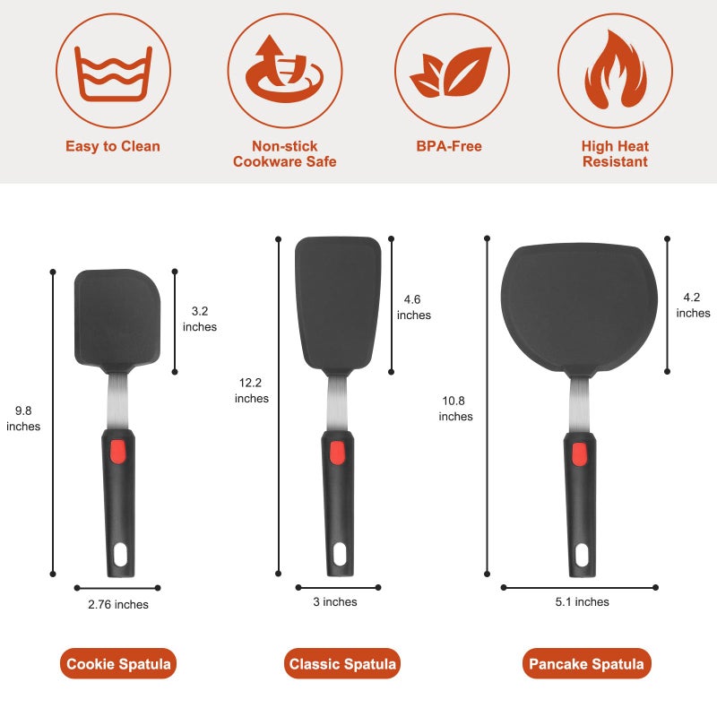 Hotec Silicone Spatula Turner for Nonstick Cookware, Cooking Spatulas 600Â°F Heat Resistant Large Flexible Rubber Spatula Set of 3, Kitchen Utensils for Flipping Eggs, Burgers, Pancakes, Crepes - Image 2