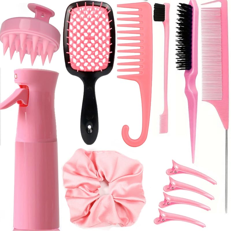 SUPHOUSE 12 Pcs Hair Brush Set with Hair Spray Bottle for Toddlers, Women, Detangling Brush for Wet Dry Curly Hair, Edge Bristles Wide Tooth Rat Tail Combs for Baby Girls (pink) - Image 1