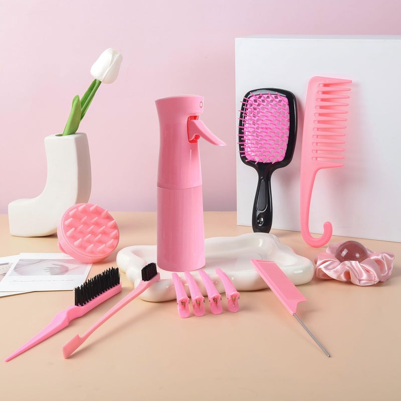 SUPHOUSE 12 Pcs Hair Brush Set with Hair Spray Bottle for Toddlers, Women, Detangling Brush for Wet Dry Curly Hair, Edge Bristles Wide Tooth Rat Tail Combs for Baby Girls (pink) - Image 2