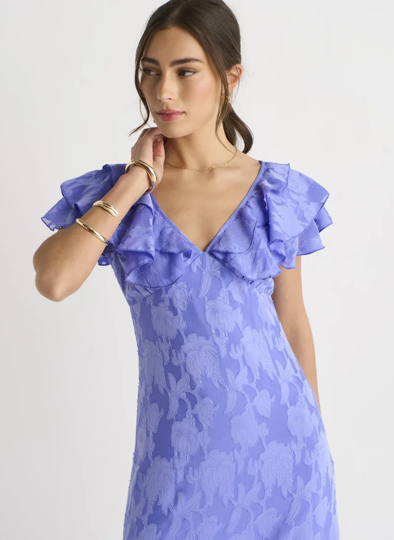 Gini London  Blue Satin Jacquard Ruffle Maxi Dress for Women | Best Price UAE