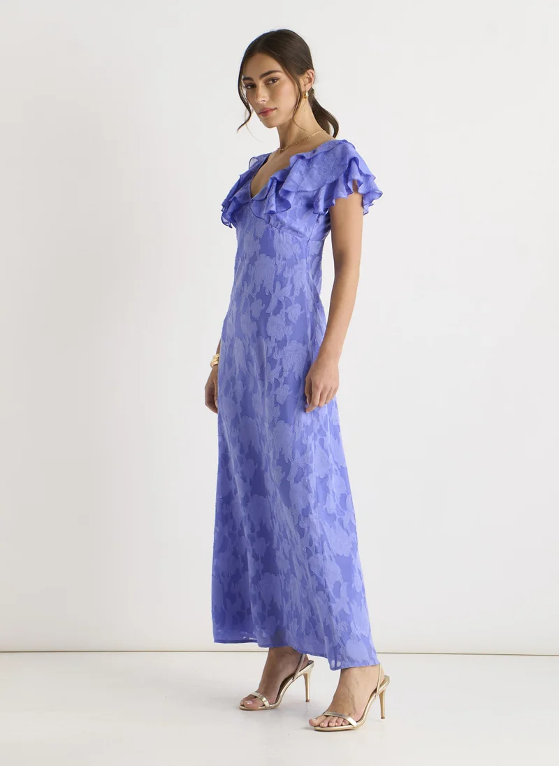 Gini London  Blue Satin Jacquard Ruffle Maxi Dress for Women | Best Price UAE