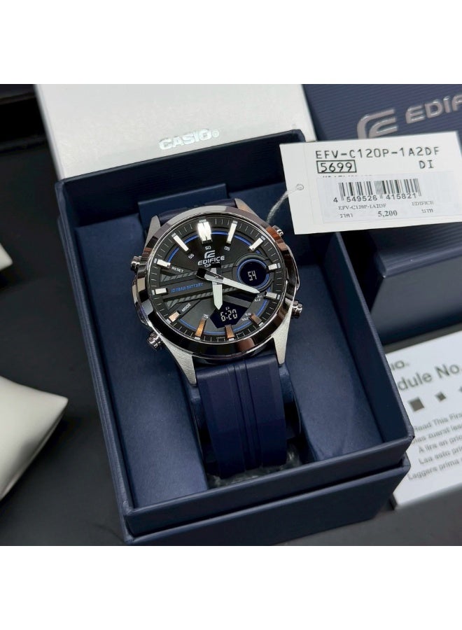 CASIO EDIFICE EFV-C120P-1A2DF Men’s Analog-Digital Watch – Dark Blue (Navy) Resin Strap, Black Dial with Blue Accents, 10-Year Battery, 100m Water Resistance - Image 4