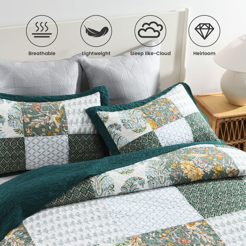 Secgo King Size Comforter Set- 100% Cotton Quilt King Size Set, Green, Emerald, bedspreads (98 * 106 Inch) with 2 Pillow Shams, Patchwork Reversible Lightweight Bedding - Image 3