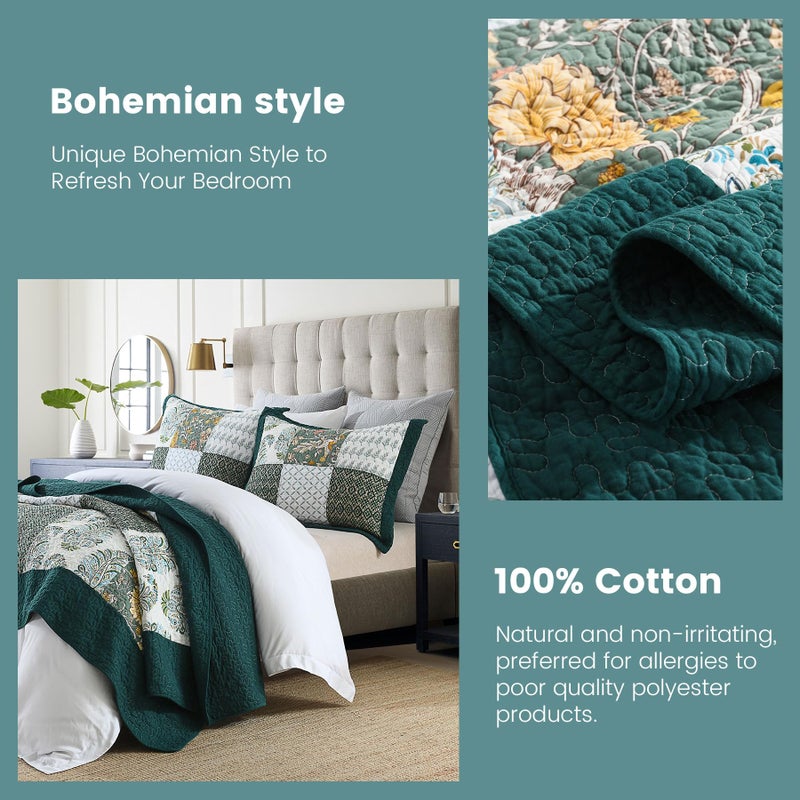 Secgo King Size Comforter Set- 100% Cotton Quilt King Size Set, Green, Emerald, bedspreads (98 * 106 Inch) with 2 Pillow Shams, Patchwork Reversible Lightweight Bedding - Image 4