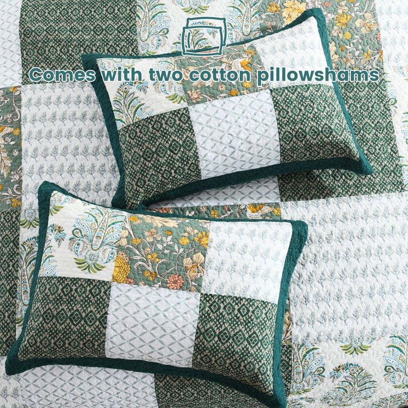 Secgo King Size Comforter Set- 100% Cotton Quilt King Size Set, Green, Emerald, bedspreads (98 * 106 Inch) with 2 Pillow Shams, Patchwork Reversible Lightweight Bedding - Image 5