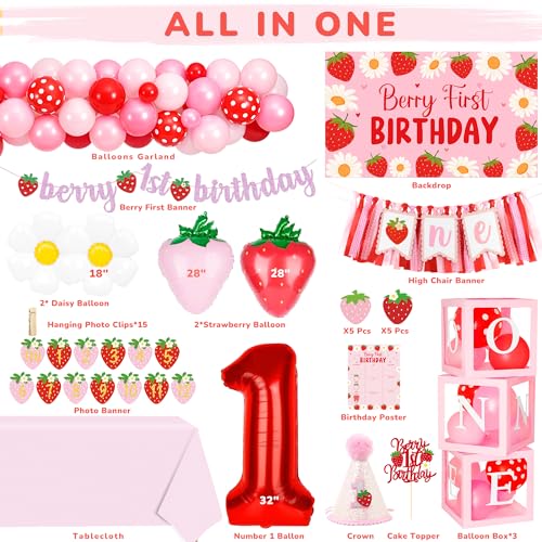Kriyokiaa Berry First Birthday Decor Strawberry 1st Birthday Decorations for Girls with Balloon Arch Highchair Banner Strawberry Theme Backdrop Photo Banner Cake Topper - Image 5
