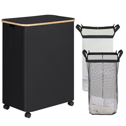 efluky Double Laundry Hamper with Wheels Divided Laundry Hamper with Removable Bags 2 Section Dirty Clothes Basket with Handles for Bathroom Bedroom Laundry Room 160L Dark Black - Image 1