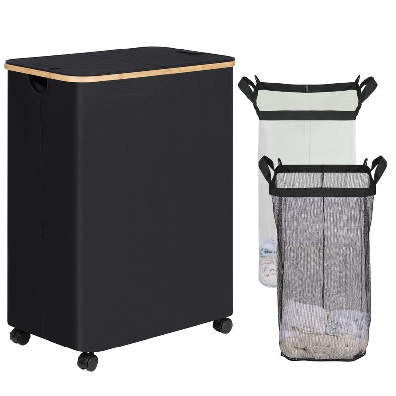efluky Double Laundry Hamper with Wheels Divided Laundry Hamper with Removable Bags 2 Section Dirty Clothes Basket with Handles for Bathroom Bedroom Laundry Room 160L Dark Black - Image 2