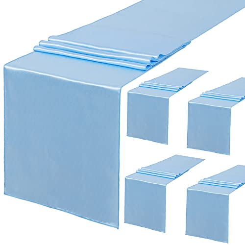 LuoluoHouse 5 Pack Baby Blue Table Runners 12 x 108 inches Long Baby Blue Silk Satin Table Runner for Wedding Banquet Birthday Summer Party - Image 1