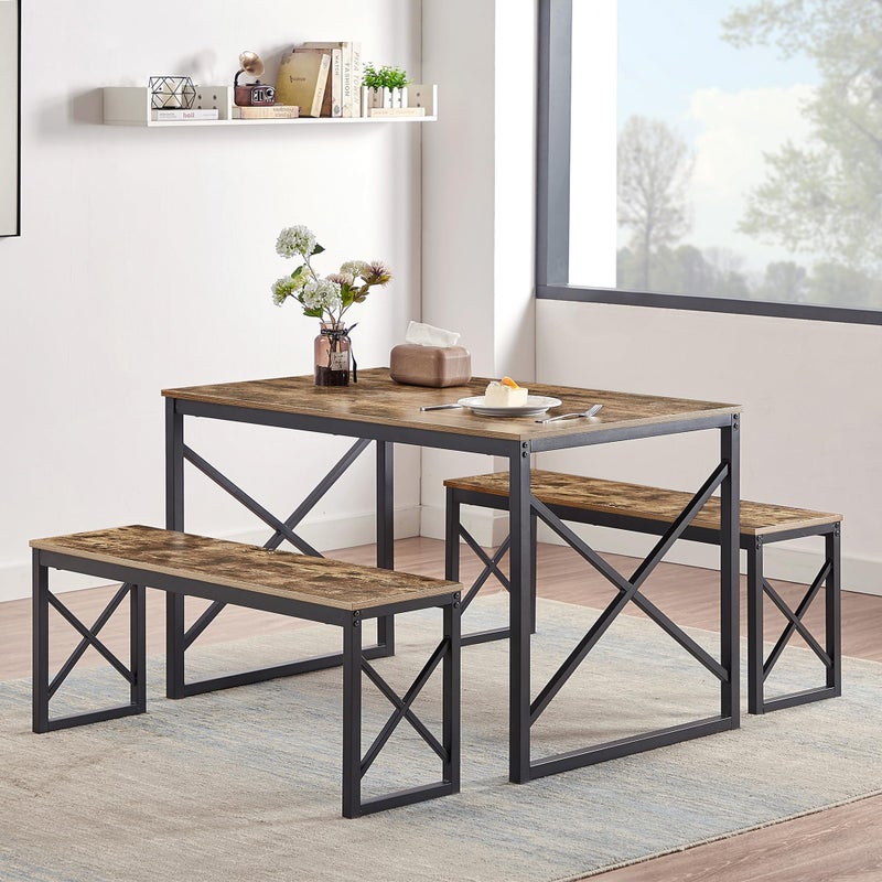 VECELO Kitchen Table with 2 Benches for 4 Wood Dining Room Dinette Sets with Metal Frame for Breakfast Nook and Small Space Brown