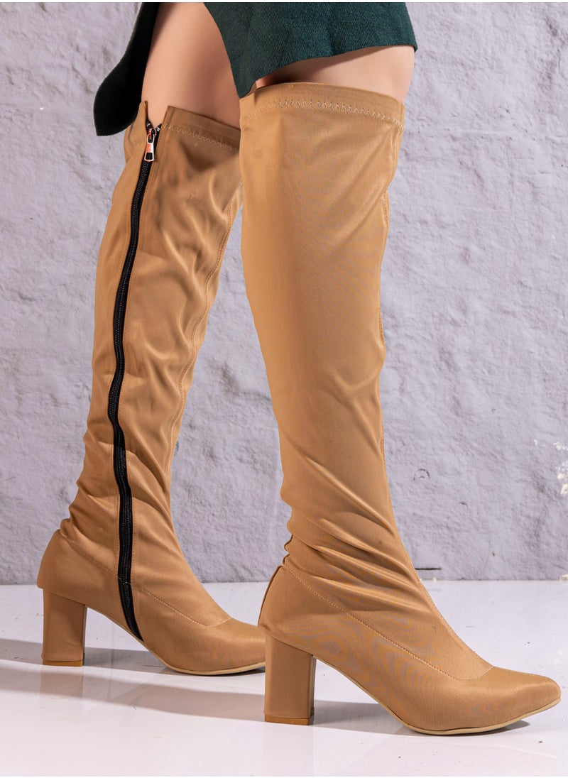 Run  - Long  Fabric Boots And Side Zipper-Beige - Image 1