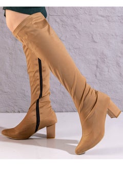 Run  Long  Fabric Boots And Side Zipper-Beige  - Image 2