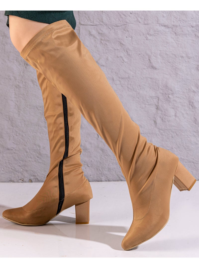 Run  - Long  Fabric Boots And Side Zipper-Beige - Image 1
