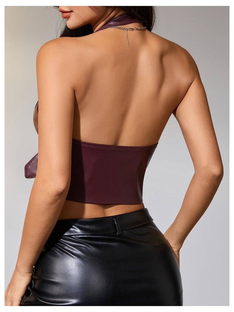 MakeMeChic Women's PU Leather Going Out Top Buckle Y2K Halter Crop Corset Party Clubwear Burgundy Medium - Image 2