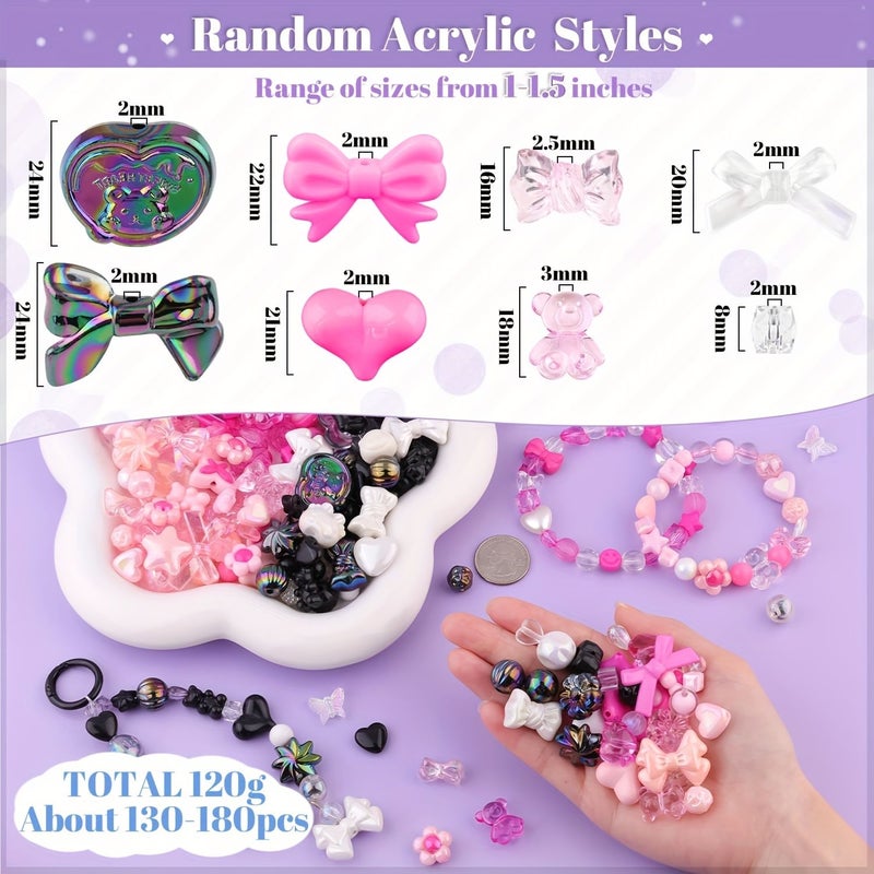 Pink Rose Black Kawaii Beads Kit 130 180pcs DIY Cute Charms For Bracelet Making Animal Butterfly Bow Pendants Craft Present - Image 4