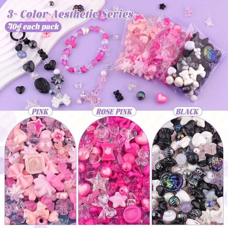 Pink Rose Black Kawaii Beads Kit 130 180pcs DIY Cute Charms For Bracelet Making Animal Butterfly Bow Pendants Craft Present - Image 2