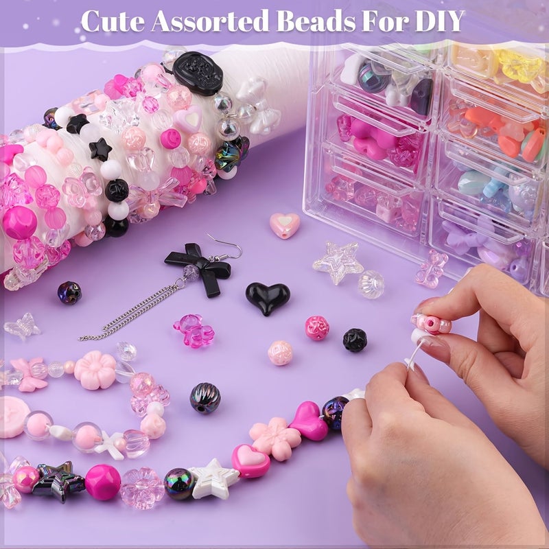 Pink Rose Black Kawaii Beads Kit 130 180pcs DIY Cute Charms For Bracelet Making Animal Butterfly Bow Pendants Craft Present - Image 3