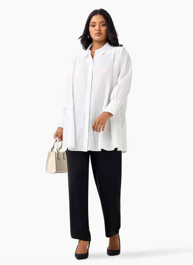 Ulla Popken Plus Size Ulla Popken Relaxed Fit Pleated Shirt with Long Sleeves