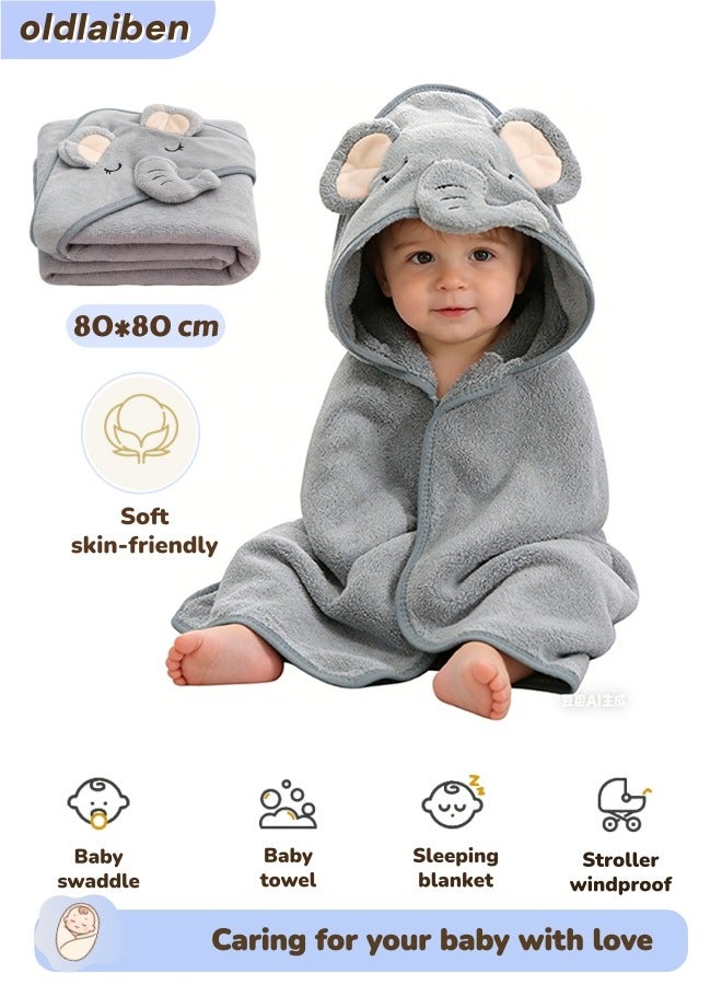 الدليبن منشفة أطفال بغطاء رأس، حمام للأولاد أو البنات، منشفة أطفال كبيرة ماصة، مجموعة مناشف صغيرة بتصميم لطيف، منشفة استحمام هدية للمواليد الجدد والرضع والأطفال الصغار، رمادي - Image 1