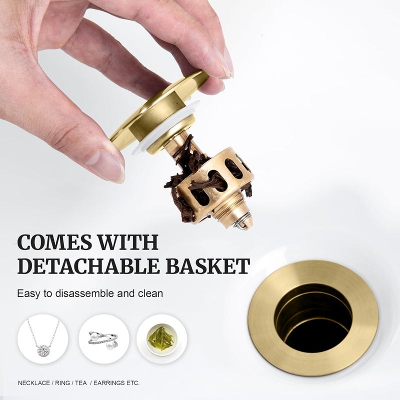 Ultimate Unicorn Pop up Sink Drain Stopper Without Overflow Brushed Gold for Bathroom Vessel Vanity Sink Art Basin, Big Cap Sink Drain Without Overflow, Metal Pop-up Drain Strainer with Detachable Basket Stopper - Image 4