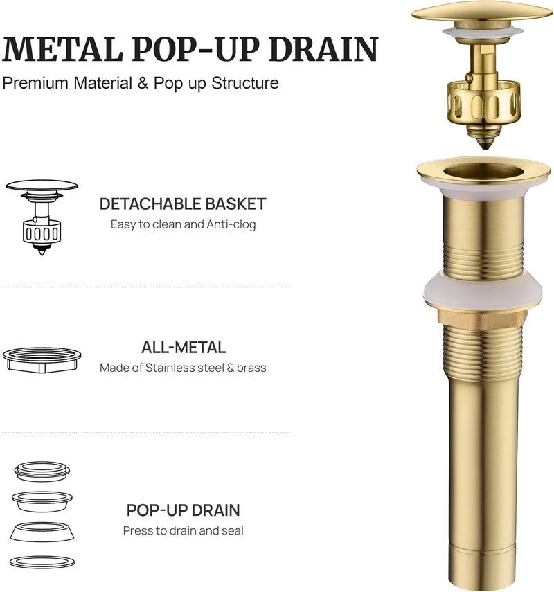 Ultimate Unicorn Pop up Sink Drain Stopper Without Overflow Brushed Gold for Bathroom Vessel Vanity Sink Art Basin, Big Cap Sink Drain Without Overflow, Metal Pop-up Drain Strainer with Detachable Basket Stopper - Image 2