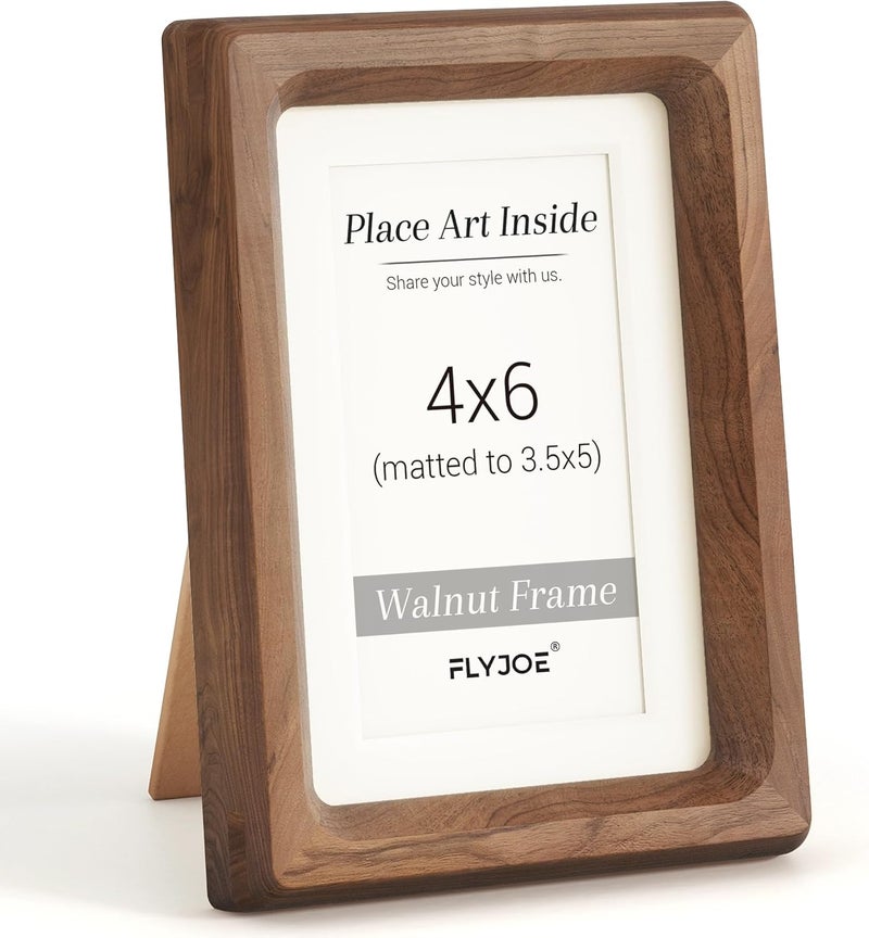 FLYJOE 4x6 Picture Frame, USA-Sourced Natural Walnut Wood Photo Frame with Tempered Glass, Handcrafted Rounded Corner 4 x 6 Wooden Frame Matted to 3x5 Photos, Wall or Tabletop Display - Image 1