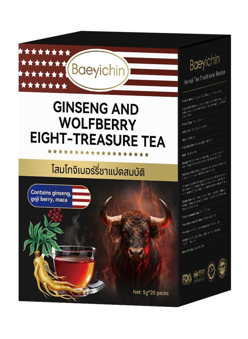 BAEYICHIN Ginseng and Goji Berry Eight Treasure Tea for Kidneys, a traditional Chinese herbal tea, natural and organic, containing mulberry, red goji berries, red dates, barley, maca powder, American ginseng, and ginseng. Suitable for brewing as a tea substitute. 100g (5g*20 packets) - Image 1