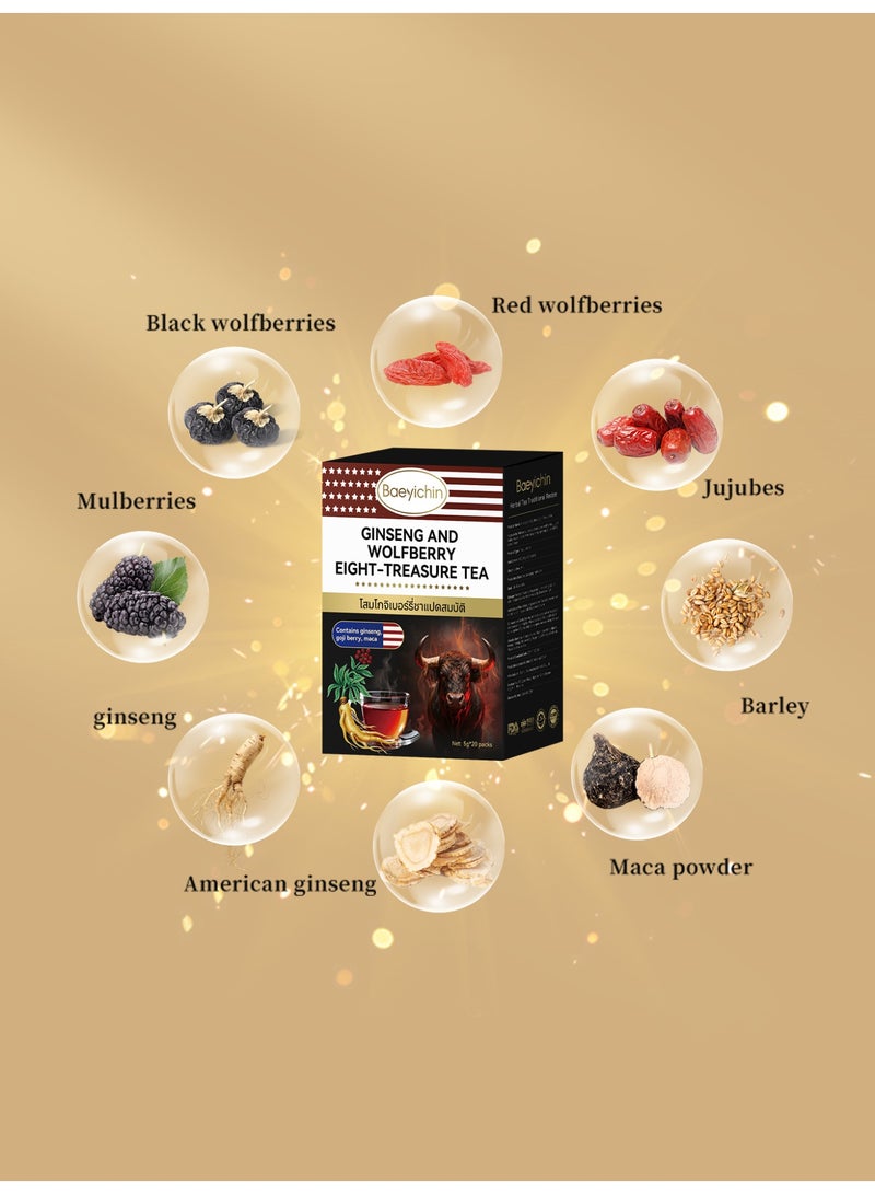 BAEYICHIN Ginseng and Goji Berry Eight Treasure Tea for Kidneys, a traditional Chinese herbal tea, natural and organic, containing mulberry, red goji berries, red dates, barley, maca powder, American ginseng, and ginseng. Suitable for brewing as a tea substitute. 100g (5g*20 packets) - Image 3