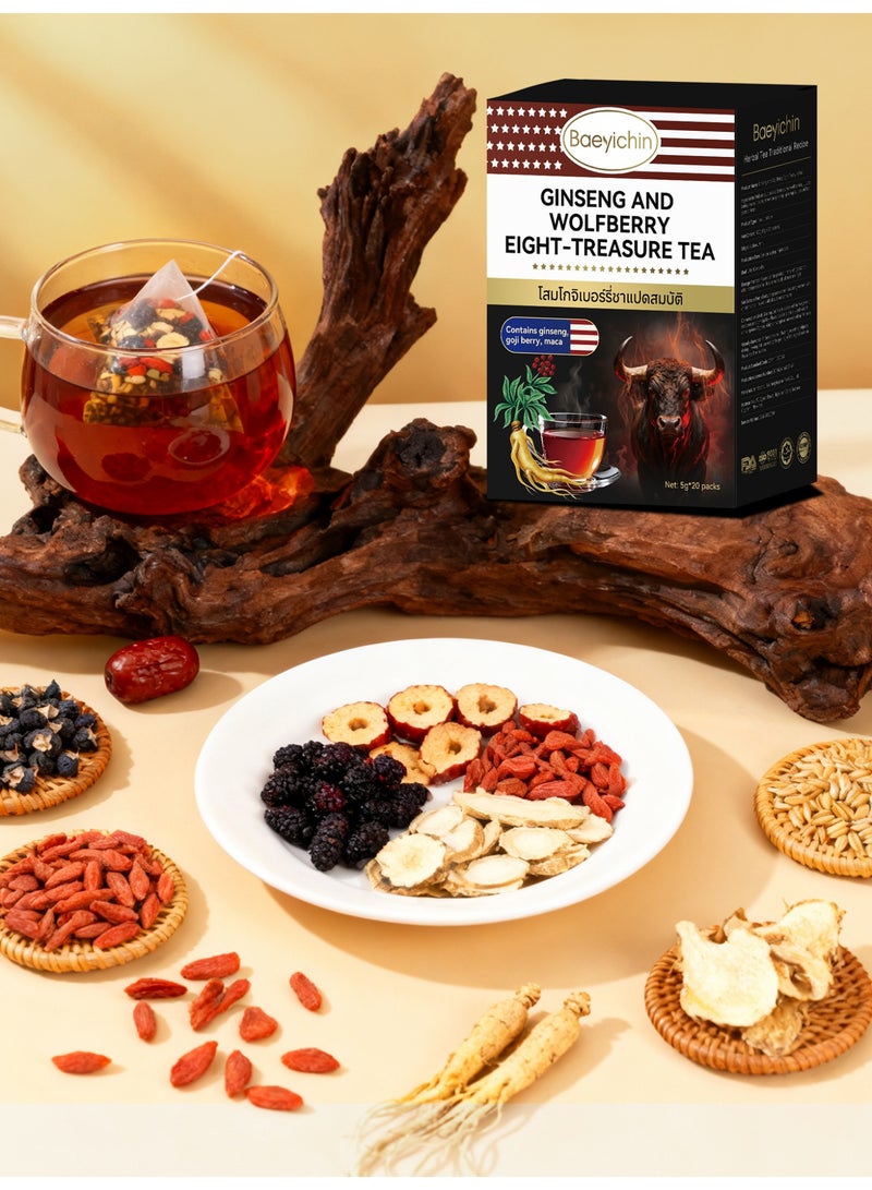 BAEYICHIN Ginseng and Goji Berry Eight Treasure Tea for Kidneys, a traditional Chinese herbal tea, natural and organic, containing mulberry, red goji berries, red dates, barley, maca powder, American ginseng, and ginseng. Suitable for brewing as a tea substitute. 100g (5g*20 packets) - Image 4