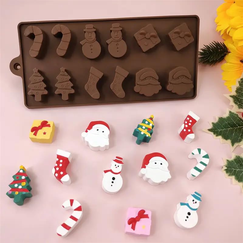 LEGACYCART LEGACYCART 12 Cav Christmas Silicone Mould Santa Clause Christmas Tree Snowman Candy Cane Gift for Chocolate Candy Jellies Candies Ice Cubes Wax Melts Soaps Candles Pack of 1 