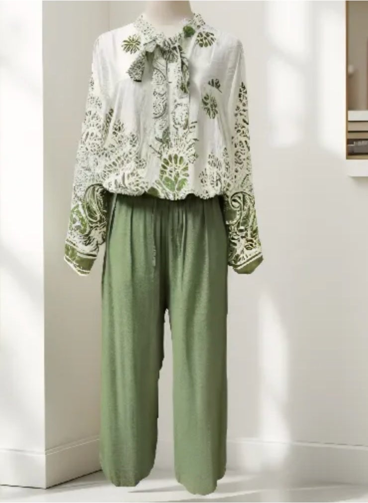 Fashion Free size Printed Casual Wide Leg Pants and Long sleeve Blouse  Set for women  - Image 4