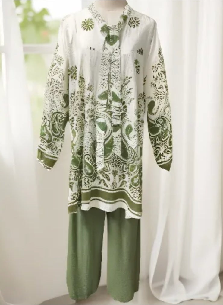 Fashion Free size Printed Casual Wide Leg Pants and Long sleeve Blouse  Set for women  - Image 1