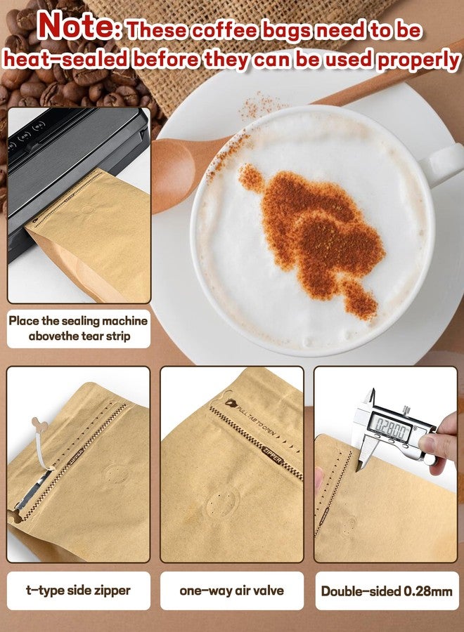 FireKylin 50 PCS Coffee Bags with Valve, (16 oz, 1 lb) Paper Stand Up Pouches, Resealable Vented Food Storage Bags Side Zipper (Kraft) - Image 3