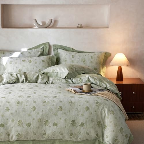 mixinni Yarn-Dyed Jacquard Duvet Cover King, Green Botanical Leaf Print 3-Piece Bedding Set with Wide Edge Piping, Soft Breathable Double Layer Gauze for All Seasons (1 Duvet Cover + 2 Pillowcases) - Image 1
