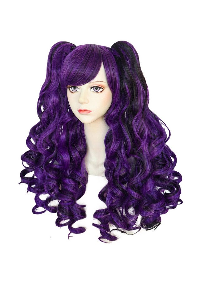ANOGOL Hair Cap+Dark Purple Wig Costumes For Women With 2 Curly Ponytail Wig Long Curly Wig For Cosplay Wig For Halloween Costume Party For Women(Dark Purple) - Image 2