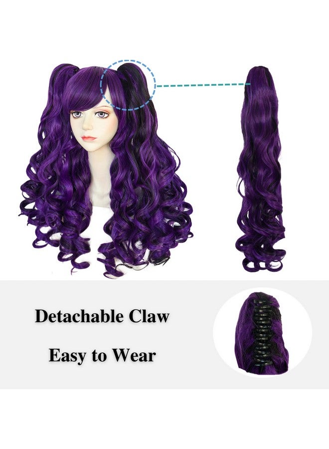 ANOGOL Hair Cap+Dark Purple Wig Costumes For Women With 2 Curly Ponytail Wig Long Curly Wig For Cosplay Wig For Halloween Costume Party For Women(Dark Purple) - Image 3