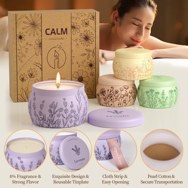 WarmEmbrace Scented Candles for Mom, 17.6oz Romantic Jar Candles for Women Girl Candle Set, 120H Burning, Soy Candle for Home Scented, Valentine, Birthday, Lavender | Vanilla | Rose & Sandalwood | Jasmine -4 Pack - Image 4