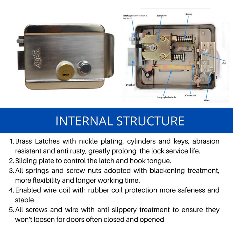OldArc AlbaStyle Electronic Door Lock 6 Anti Theft Keys Stainless Steel Electric Rim Lock for Main Home Door Wood Iron Gate Lock with Reversible Bolt Free Mode VDP Door Phone Electric Lock - Image 4