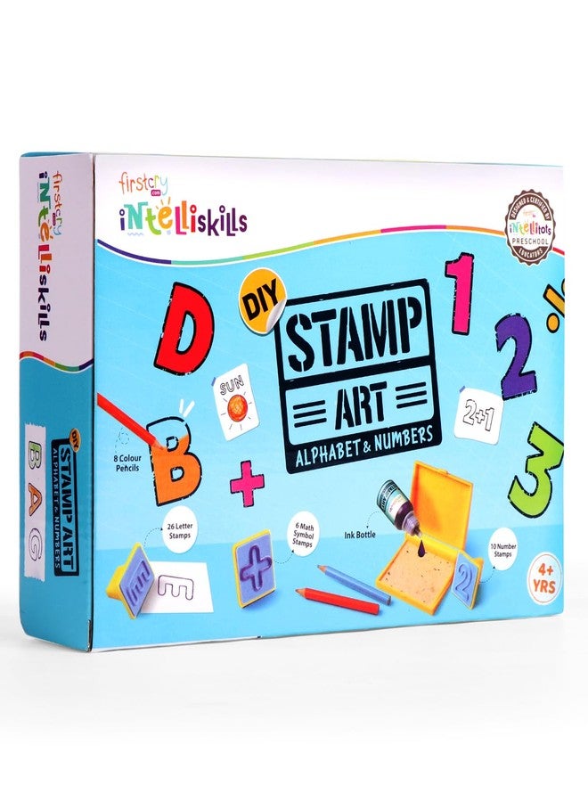 FIRSTCRY INTELLISKILLS مجموعة Intelliskills Premium DIY الفنية للختم، مجموعة تلوين وختم الحروف والأرقام للأطفال، 6 طوابع، 8 أقلام تلوين، زجاجة حبر، وسادة ختم وكتيب، هدية عيد ميلاد، مجموعة حرفية للبنات والأولاد من عمر 4 سنوات فما فوق - Image 2