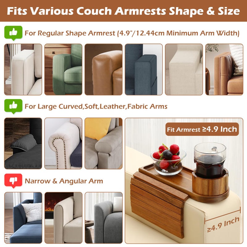 BAMTRAY Couch Cup Holder Tray, 15.75" Acacia Wood Couch Armrest Table, 3 in 1 Foldable Sofa Clip on Side Table with 360Â° Phone Stand, Armrest Tray for Coffee Snacks - Image 2
