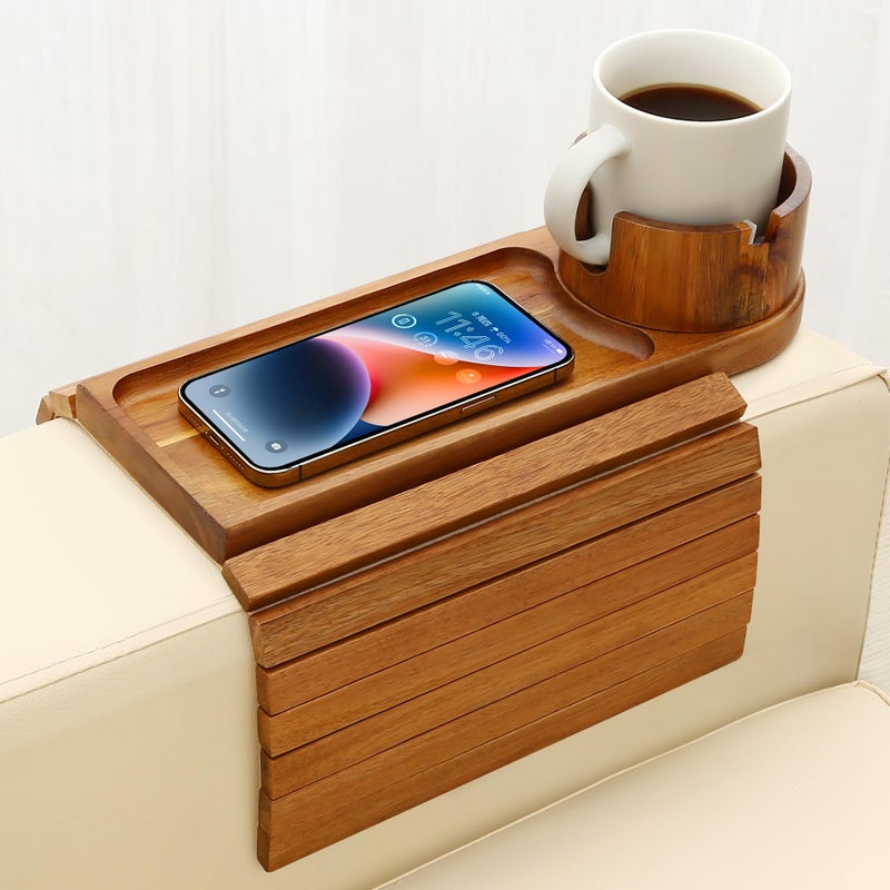 BAMTRAY Couch Cup Holder Tray, 15.75" Acacia Wood Couch Armrest Table, 3 in 1 Foldable Sofa Clip on Side Table with 360Â° Phone Stand, Armrest Tray for Coffee Snacks - Image 1