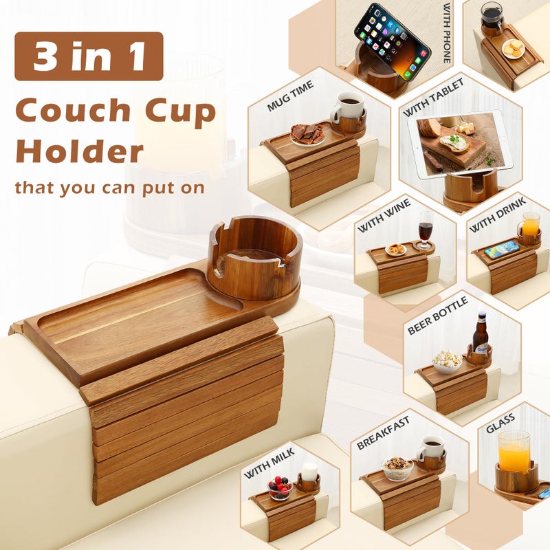 BAMTRAY Couch Cup Holder Tray, 15.75" Acacia Wood Couch Armrest Table, 3 in 1 Foldable Sofa Clip on Side Table with 360Â° Phone Stand, Armrest Tray for Coffee Snacks - Image 3