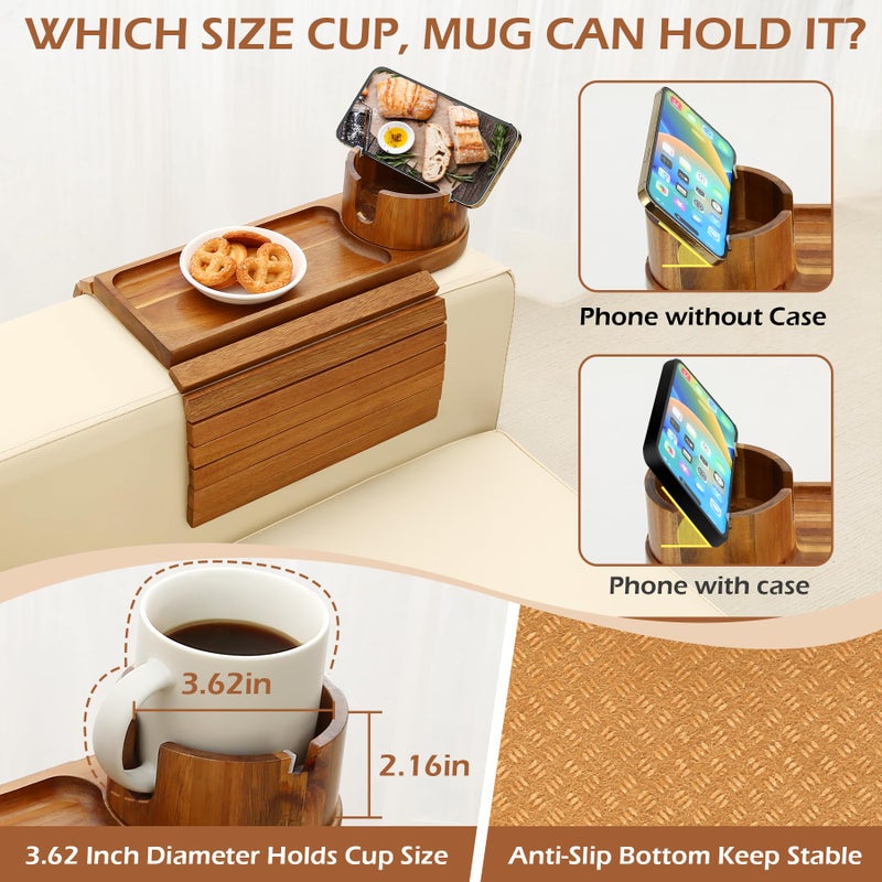 BAMTRAY Couch Cup Holder Tray, 15.75" Acacia Wood Couch Armrest Table, 3 in 1 Foldable Sofa Clip on Side Table with 360Â° Phone Stand, Armrest Tray for Coffee Snacks - Image 4