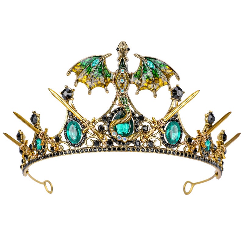 CoTeeZa Fantasy Dragon Crown for Women - Gold Green Dragon Sword Headpiece, Medieval Queen Witch Headband for Renfaire Festival Halloween Cosplay Prom Quinceanera Accessories - Image 1