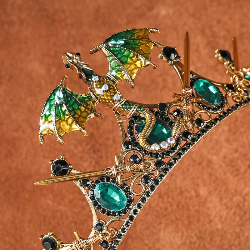 CoTeeZa Fantasy Dragon Crown for Women - Gold Green Dragon Sword Headpiece, Medieval Queen Witch Headband for Renfaire Festival Halloween Cosplay Prom Quinceanera Accessories - Image 5