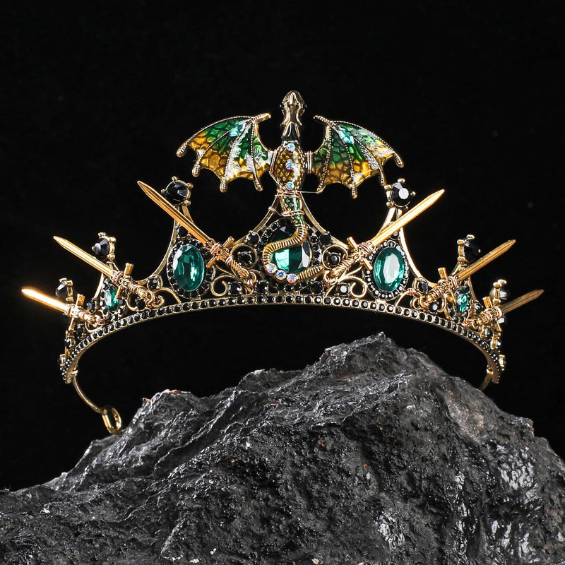 CoTeeZa Fantasy Dragon Crown for Women - Gold Green Dragon Sword Headpiece, Medieval Queen Witch Headband for Renfaire Festival Halloween Cosplay Prom Quinceanera Accessories - Image 4