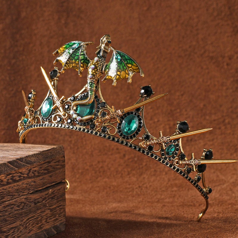 CoTeeZa Fantasy Dragon Crown for Women - Gold Green Dragon Sword Headpiece, Medieval Queen Witch Headband for Renfaire Festival Halloween Cosplay Prom Quinceanera Accessories - Image 3