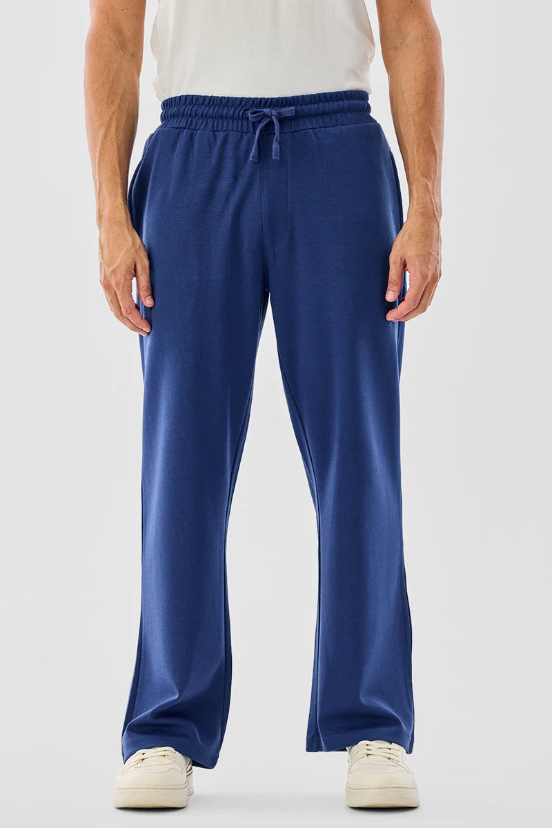 Snitch Navy Navy Solid Loose Fit Casual Trousers for Men | Best Price UAE