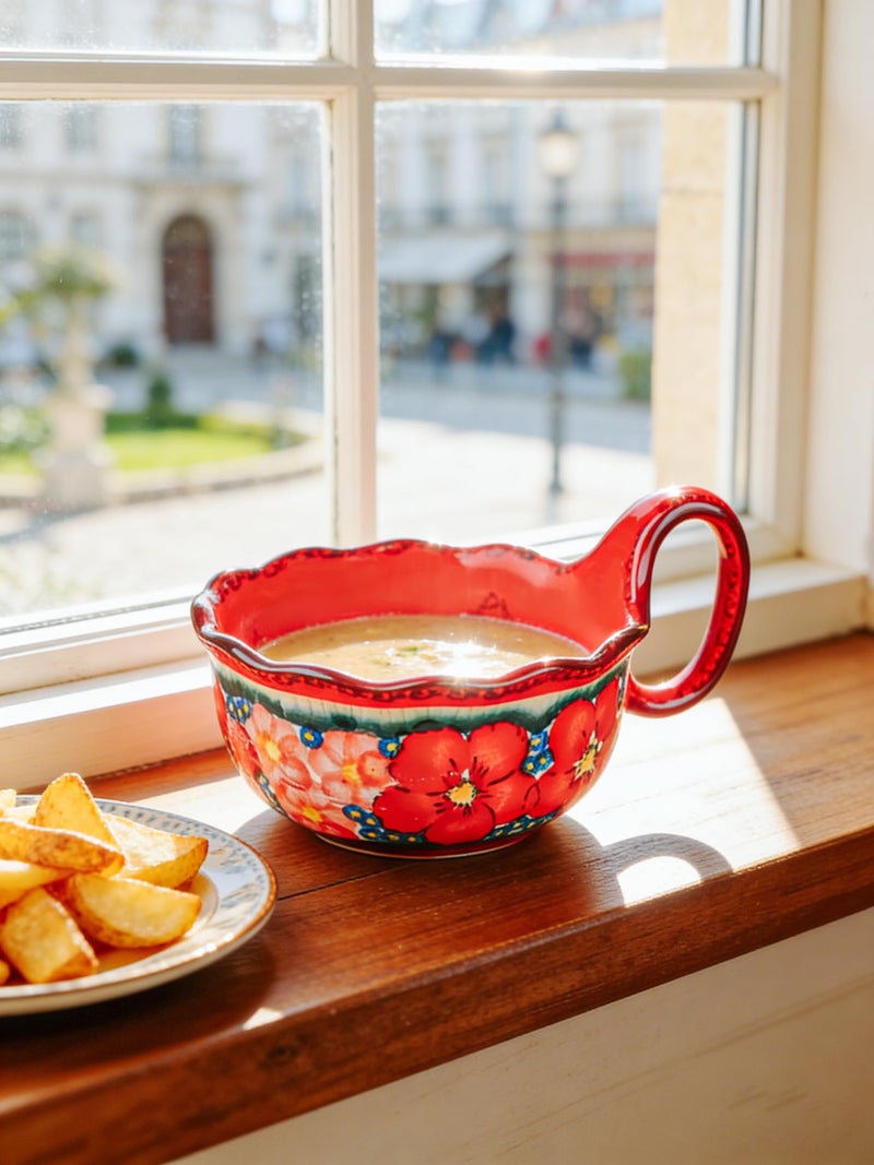 silesia Handmade Ceramic Soup Bowl, 30 oz Hand Painted Bowl with Loop Handle, Floral Design Cereal Bowl for Soup, Ice cream, Snack, Microwave & Dishwasher Safe (Glazed Red) - Image 4