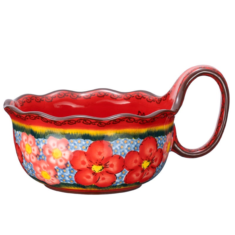silesia Handmade Ceramic Soup Bowl, 30 oz Hand Painted Bowl with Loop Handle, Floral Design Cereal Bowl for Soup, Ice cream, Snack, Microwave & Dishwasher Safe (Glazed Red) - Image 1
